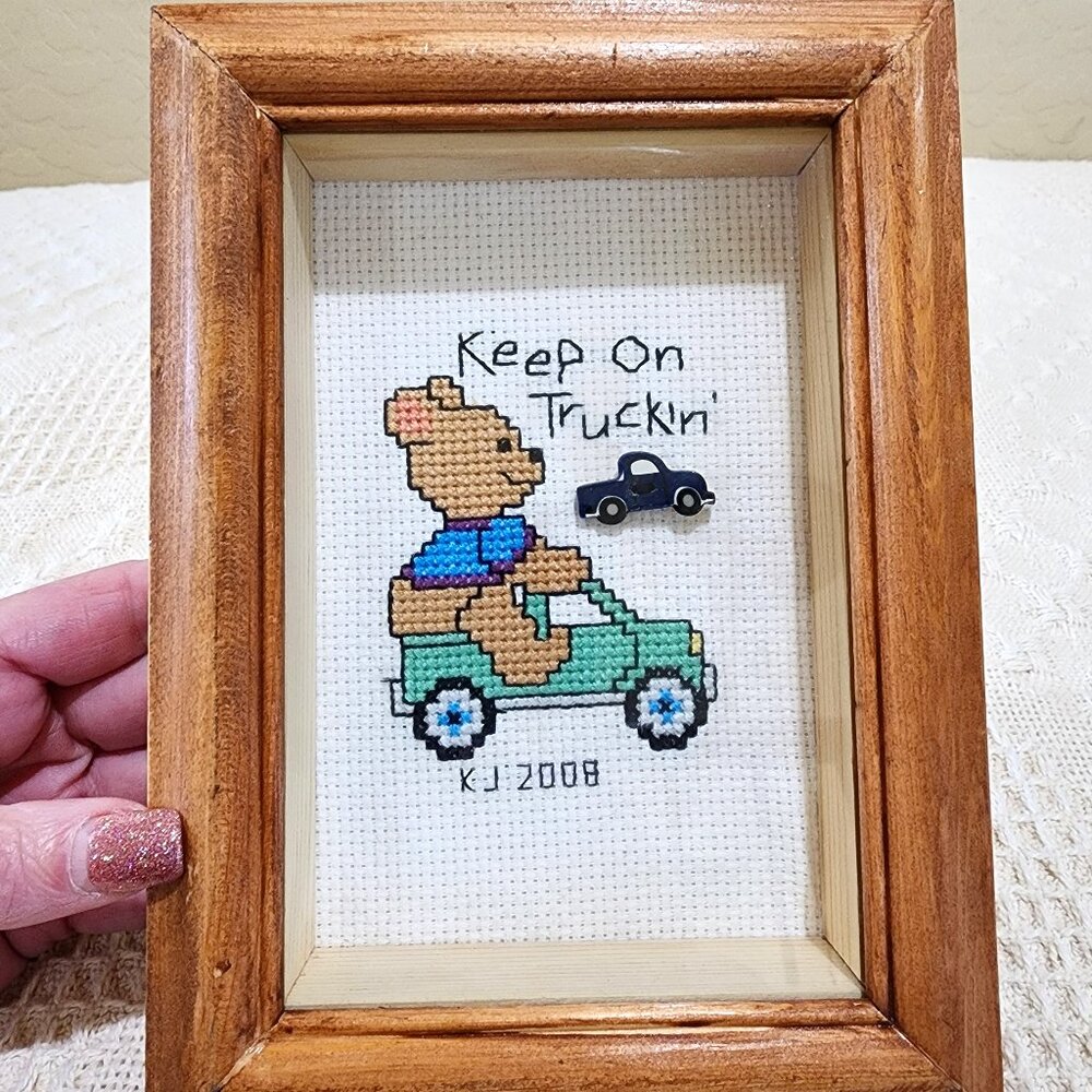 2008 Handmade "Keep On Truckin" Bear n Pickup Childs Picture Cross-stitch Framed